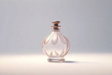 Beautiful transparent, blank and fancy perfume bottle on plain background with copy space. Generative AI