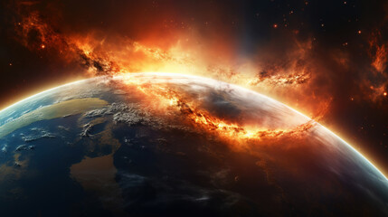 Obraz premium A view of the Earth from space as a magnetic storm approaches. Scientific illustration. Generative AI