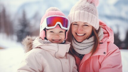 Fototapeta na wymiar Mother with daughter smiling at a ski resort in pink winter clothes
