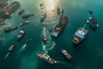 Fototapeta na wymiar Aerial view of naval ships and fishing boat in sea bay. Generative AI