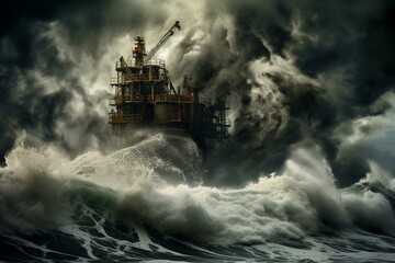 offshore refinery in storm waves oil rig. Generative AI - obrazy, fototapety, plakaty