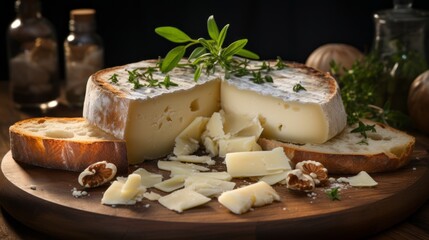 Italian cheese collection, matured pecorino romano hard cheese made from sheep melk, Italian pecorino cheese on a wooden rustic display