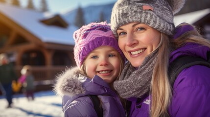 Mother with daughter smiling at a ski resort in purple winter clothes - obrazy, fototapety, plakaty