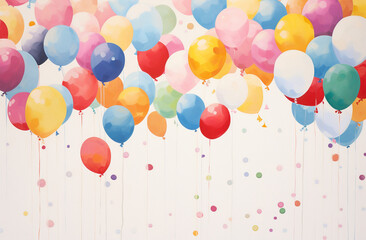 Illustrated balloons create a vibrant and dynamic backdrop, set against a pristine white background. Generative AI.