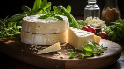 Foto op Plexiglas Italian cheese collection, matured pecorino romano hard cheese made from sheep melk, Italian pecorino cheese on a wooden rustic display © ND STOCK
