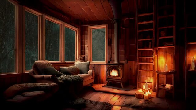 cozy wood old cabin with fireplace rain