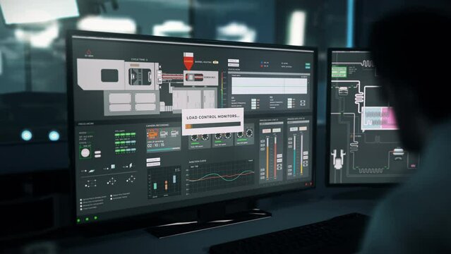 Computer tech ui monitors the production process at the industrial plant. Factory tech ui supervising the production of multiple plastic bottle caps. Production tech ui controls the conveyor.