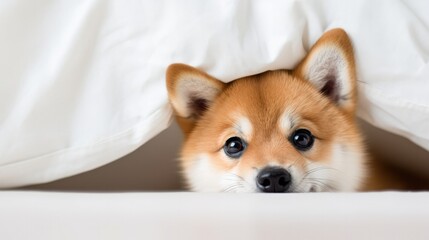Portrait of a funny and happy Shiba Inu puppy