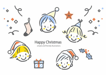 子供たちとクリスマスのあしらいイラストセット　シンプルでお洒落な線画イラスト