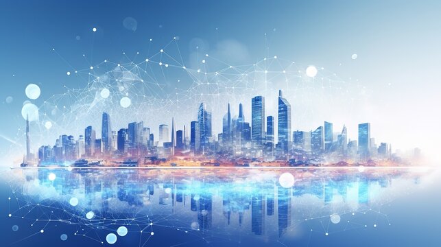 Smart city and abstract dot point connect with gradient line and aesthetic Intricate wave line design , big data connection technology concept .