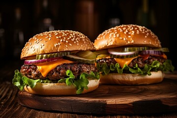 Two flavorful burgers with beef, cheese, and vegetables on a rustic wooden table. Close-up view of scrumptious food. Generative AI