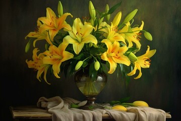 Bouquet of yellow lilies. Generative AI