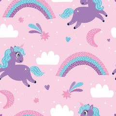 Cute baby seamless pattern with unicorns and rainbows.