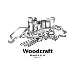 illustration of a set of wooden craft kitchen and restaurant tools Retro Vintage Line Art Logo Design