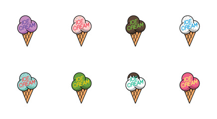 Various of flavor ice cream cones. Colorful scoop ice cream set.