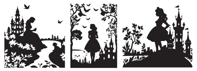 A girl in a fairy-tale scenery, vector illustration silhouette laser cutting black and white shape