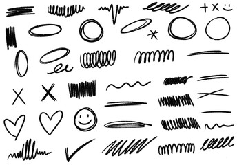 Set of hand drawn materials, Vector illustration of horizontal waves, squiggles, freehand stripes, rough underline handrawn brushstrokes