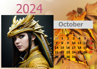 Calendar 2024 with girl-dragons head. Week start from Monnday.