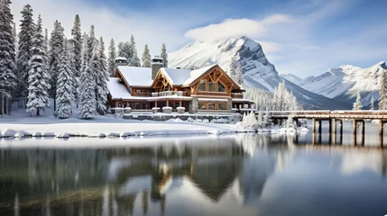 Poster Verschneites Hotel an einem See im Winter. Winterurlaub in den Bergen. Urlaub mit Schnee am Wasser. Skiurlaub im einem winterlichen Hotel. © Marco
