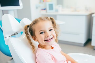 Mädchen lächelt beim Zahnarzt im Zahnarztstuhl. Kind als Patient beim Kieferorthopäden zeigt ihre Zähne und ist fröhlich positiv eingestellt in der Zahnarztpraxis. - obrazy, fototapety, plakaty