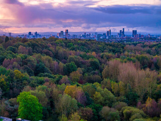Panoramic aerial photo of Manchester Skyline taken from Drink Water Park, Prestwich