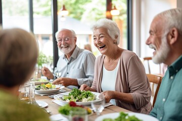 Senioren beim Essen in einer geselligen Runde am Essenstisch. Kantine im Altersheim und gesunder Nahrung. Gemeinsam speisen im Alter als Rentner.  - obrazy, fototapety, plakaty