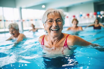 Seniorenschwimmen in der Schwimmhalle. Glückliche Rentner beim sportlichen Schwimmen in der Halle. Aquafitness und Wassergymnastik mit Aktivität und Bewegung im Alter. - obrazy, fototapety, plakaty