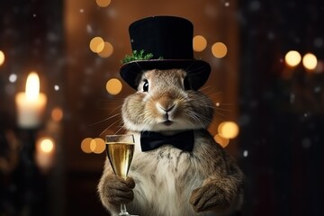 Hase zu Silvester mit Zylinder auf dem Kopf. Kaninchen trinkt Sekt und ist festlich angezogen zur Feier. Neujahr Begrüßung als Grußkarte mit Glücksbringer wie einen Schornsteinfeger Anzug. - obrazy, fototapety, plakaty