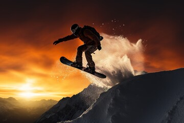 Snowboarder in der Abendsonne spring über einen Schneehügel. Snowboarder wirbelt Schnee auf beim Sprung über einen Felsen. Sportliche Abfahrt in den Bergen. Skiurlaub im Winter. 