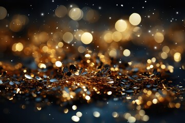 golden christmas background with bokeh lights and snowflakes. Golden Glitter Background for Christmas or Special Occasion.