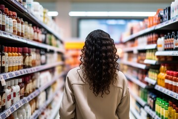 Frau von hinten in einem Drogeriemarkt beim Einkaufen. Supermarkt Ansicht mit Regalen und Produkten zur Auswahl. - obrazy, fototapety, plakaty