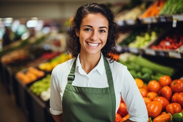 Stolzer Verkäufer oder Gemüsehändler in der Gemüse-Abteilung in einem Supermarkt. Freundlicher Angestellter im Ladengeschäft. Obst und Gemüse verkaufen. 