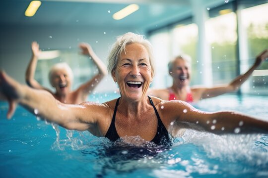 Seniorenschwimmen in der Schwimmhalle. Gl&uuml;ckliche Rentner beim sportlichen Schwimmen in der Halle. Aquafitness und Wassergymnastik mit Aktivit&auml;t und Bewegung im Alter.