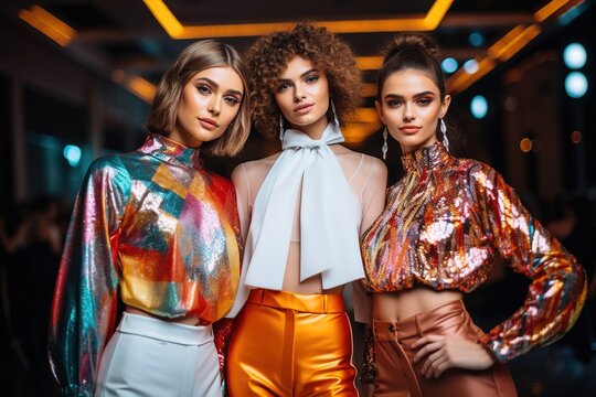 Fashion Models auf dem Laufsteg nach einer Vorf&uuml;hrung der neuen Kollektion auf Modenschau. Drei h&uuml;bsche Frauen mit Designer-Kleidung bei einer Show.