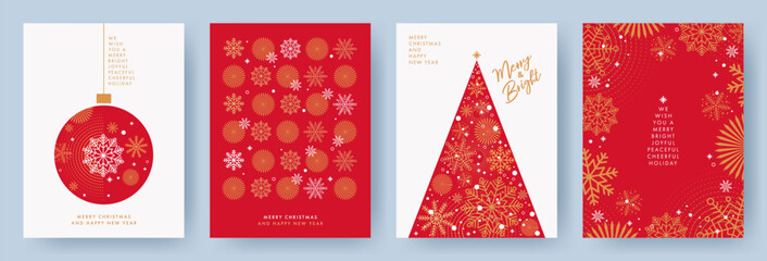 Merry Christmas and Happy New Year Set of greeting cards, posters, holiday covers. Xmas Design with beautiful snowflakes in modern line art style on red background. Christmas tree, border frame, decor - obrazy, fototapety, plakaty