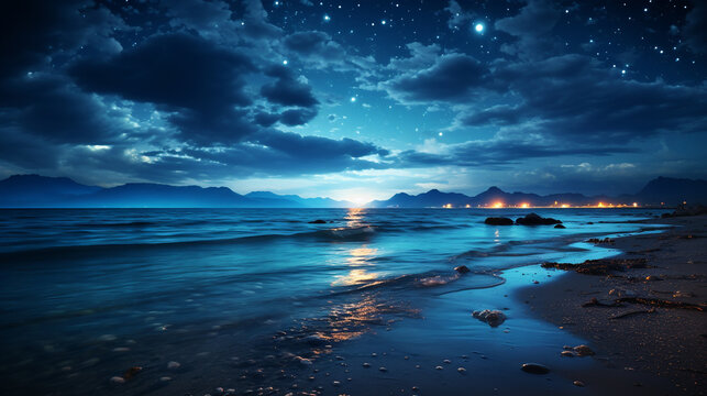 Moonlit Serenity: The full moon's glow reflects on the calm ocean, creating a serene and magical atmosphere.