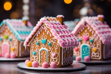 Photo of these gingerbread House Delights: Explore these whimsical and delectable gingerbread houses adorned with a delightful array of candies and intricate icing designs. Created with generative AI 