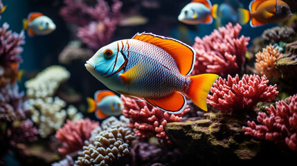Obraz na płótnie Canvas Tropical Fish: A colorful underwater display of tropical fish darting among coral reefs in the ocean's depths.