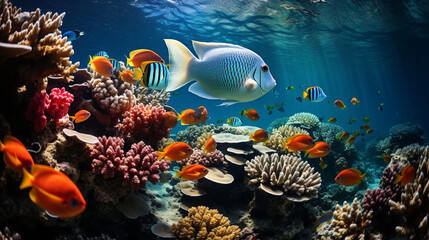 Fototapeta na wymiar Tropical Fish: A colorful underwater display of tropical fish darting among coral reefs in the ocean's depths.
