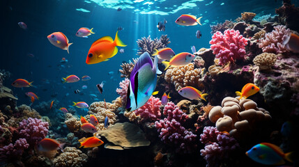 Fototapeta na wymiar Tropical Fish: A colorful underwater display of tropical fish darting among coral reefs in the ocean's depths.