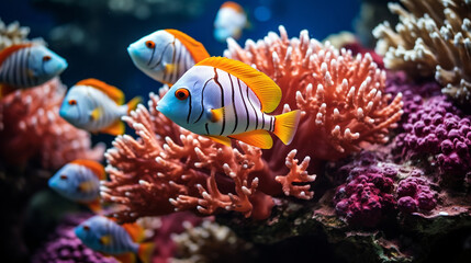 Naklejka na ściany i meble Tropical Fish: A colorful underwater display of tropical fish darting among coral reefs in the ocean's depths.