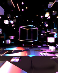 3d rendered neon geometric space with cubes, spheres, light streaks, and a big glowing square.