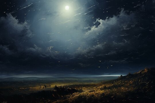 dark sky with shining moon and stars, oil painting. Generative AI