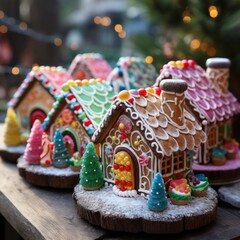 Fototapeta na wymiar Photo of these gingerbread House Delights: Explore these whimsical and delectable gingerbread houses adorned with a delightful array of candies and intricate icing designs. Created with generative AI 