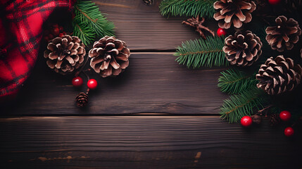 christmas decoration background with spruce branches and pinecone on wood background