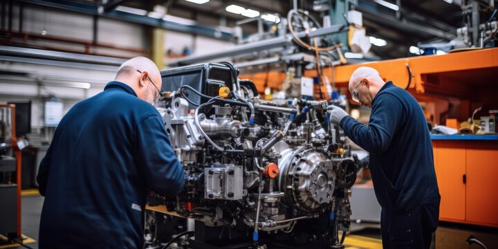 Male workers checking quality of mechanisms at a large machine-building enterprise. Mechanical engineering, as one of the most important components of independence of the country's economy.