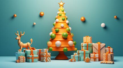 Obraz na płótnie Canvas christmas decorations 3d backgrounds christmas tree and gifts on blue background, happy new year