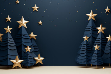 merry christmas background with blue star and gold pine trees