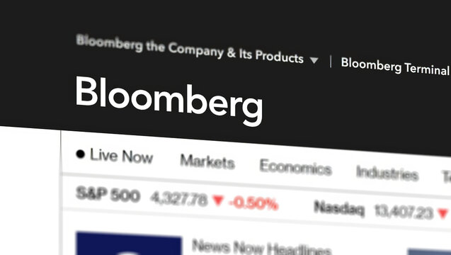 Moscow, Russia - 14 October 2023: Bloomberg website on screen with perspective with company logo, Illustrative Editorial