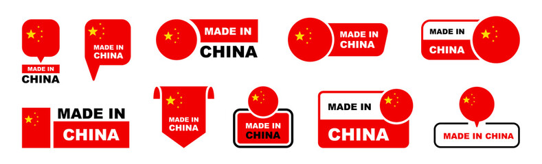 Made in China labeling set. Collection of label made in China. China quality emblem. Vector illustration.